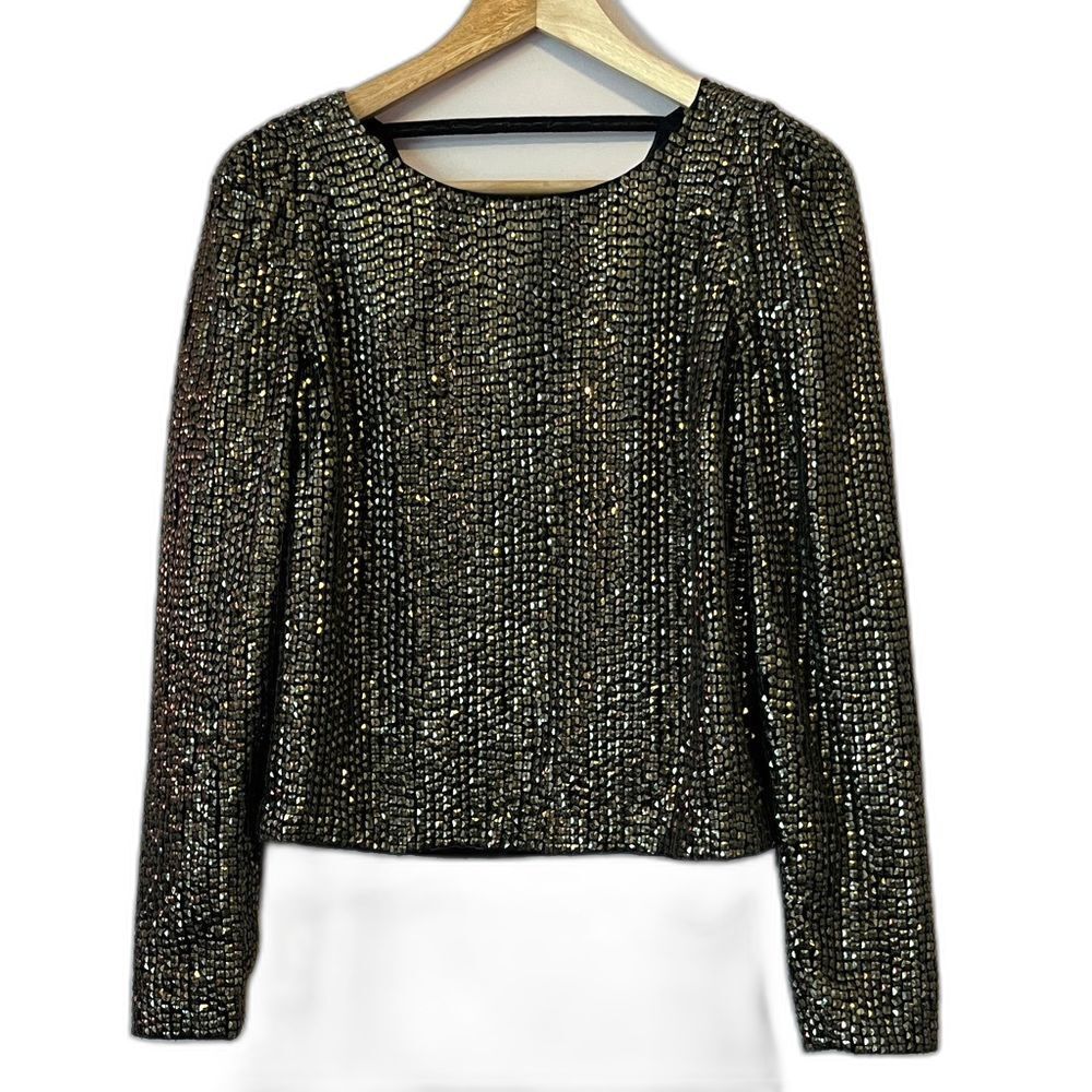 Joie Bailyn Studded Long Sleeve Top Metallic Gunmetal XS Gold Statement Party